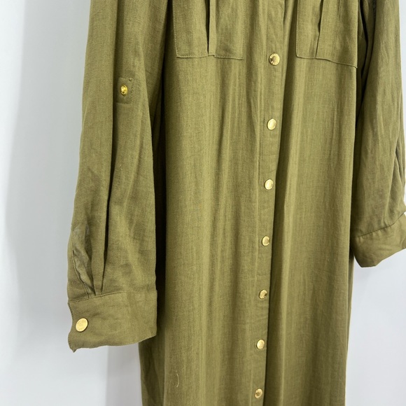 MICHAEL Michael Kors Utility Maxi Shirt Roll Tab Sleeves Snap green Linen Dress - Picture 5 of 9